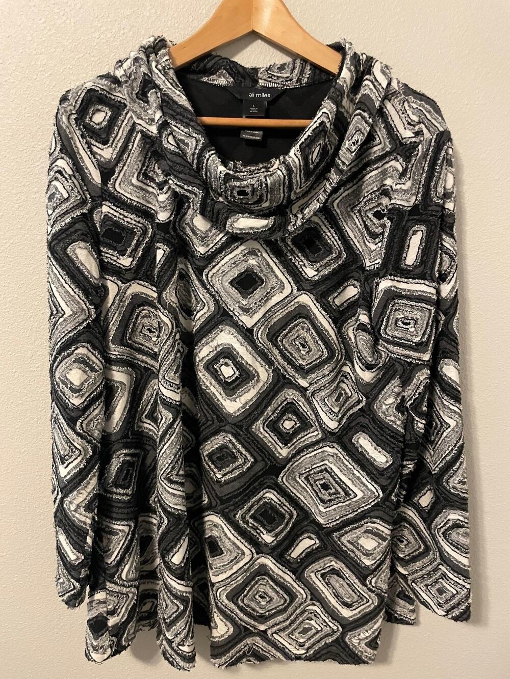 Ali Miles Tunic Top Womens Large Black Geometric Cowl Neck Knit Artsy Boho